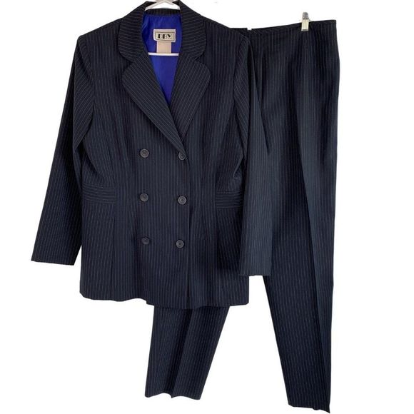 80s DBY ltd Womens VTG Navy Pin Stripe Pant Suit Sz 13/14 Double Breast 6275 - Picture 2 of 8